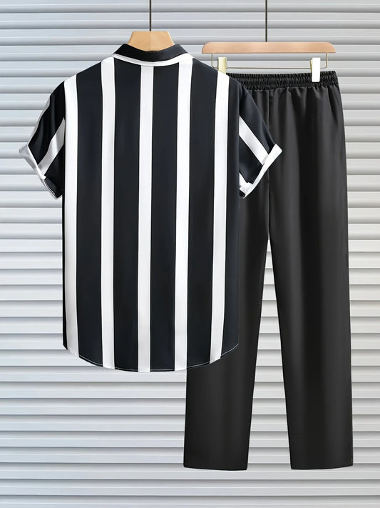 Korean Fit Cords – Bold Striped Shirt Paired with Classic Black Pants