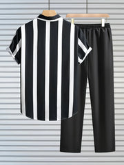 Korean Fit Cords – Bold Striped Shirt Paired with Classic Black Pants