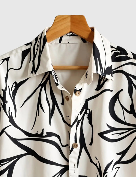Monochrome Jungle Breeze Shirt – Bold Black Leaf Print on Cream
