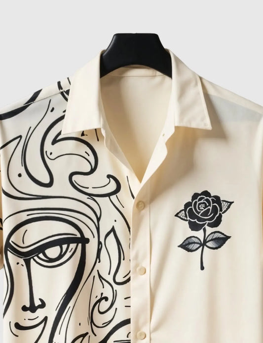 Men's Artistic Face Print Short Sleeve Shirt with Rose Detail – Cream & Black