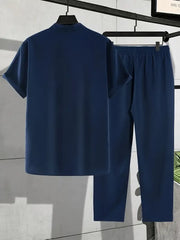 Korean Style Co-ord – Navy Blue Shirt with Palm Tree Print & Relaxed Pants