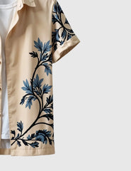Desert Bloom Shirt – Beige Canvas with Midnight Blue Botanical Design