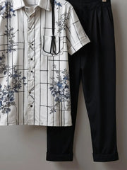 Modern Grid Floral Co-ord – Korean Fit Shirt with Black Pants