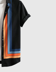 Men's Geometric Stripe Short Sleeve Button-Up Shirt with Inner White Tee – Retro Colorblock Design