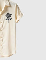 Men's Artistic Face Print Short Sleeve Shirt with Rose Detail – Cream & Black