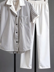Korean Fit Co-ord Set – Pinstripe Shirt with Clean White Pants