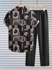 Korean Style Cords - Geometric Print Shirt with Minimal Black Pants