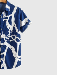 Midnight Branches Shirt – Abstract White Vein Print on Deep Blue Canvas