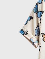Men's Casual Short Sleeve Button-Up Shirt with Blue & Orange Butterfly Print