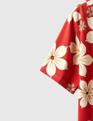 Crimson Tropics Men's Floral Shirt – Bold Red with Cream Blossom Print