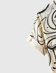 Men's Artistic Face Print Short Sleeve Shirt with Rose Detail – Cream & Black