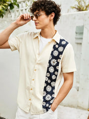 MonoBloom Contrast Shirt – Cream Casual Button-Up with Bold Daisy Stripe