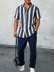 Classic Stripes Co-ord – Blue & White Strip Shirt with Relaxed Blue Pant
