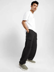 Men’s Korean Black Cargo Joggers – Relaxed Fit, Streetwear Style with Multiple Utility Pockets & Adjustable Drawstring Hem
