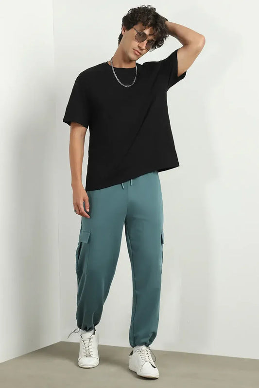 Men’s Korean Teal Blue Cargo Joggers – Relaxed Fit, Streetwear Style with Multiple Utility Pockets & Adjustable Drawstring Hem