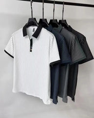 Modern Pinstripe Polo T-Shirt Contrast Collar & Button Placket – Sophisticated Casualwear for Men