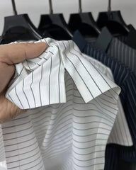 Modern Pinstripe Polo T-Shirt Contrast Collar & Button Placket – Sophisticated Casualwear for Men