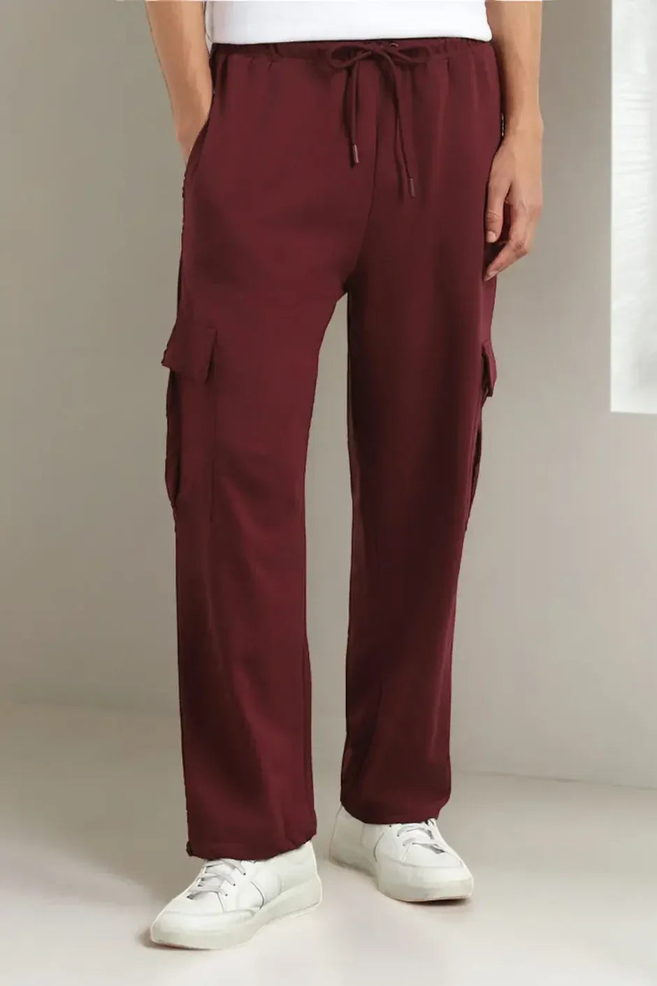 Men’s Korean Maroon Cargo Joggers – Relaxed Fit, Streetwear Style with Multiple Utility Pockets & Adjustable Drawstring Hem