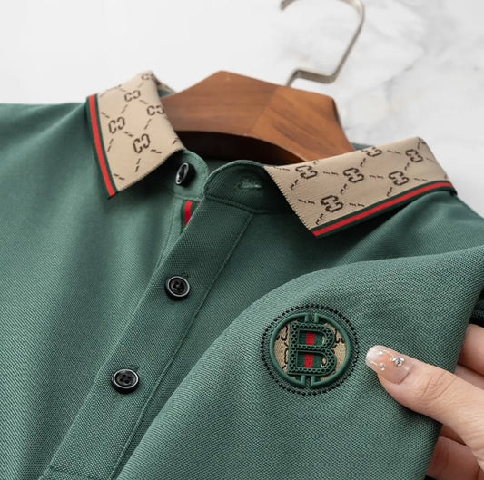 Luxury Beige Polo T-Shirt with Designer Collar & Signature B Emblem