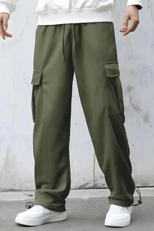 Men’s Korean Military Green Cargo Joggers – Relaxed Fit, Streetwear Style with Multiple Utility Pockets & Adjustable Drawstring Hem