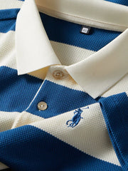 Classic Striped Polo T-Shirt in Cream & Blue – Premium Texture with Iconic Embroidered Horseman Logo