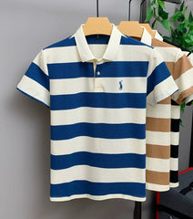 Classic Striped Polo T-Shirt in Cream & Blue – Premium Texture with Iconic Embroidered Horseman Logo