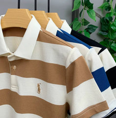 Classic Striped Polo T-Shirt in Cream & Blue – Premium Texture with Iconic Embroidered Horseman Logo