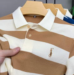 Classic Striped Polo T-Shirt in Cream & Blue – Premium Texture with Iconic Embroidered Horseman Logo