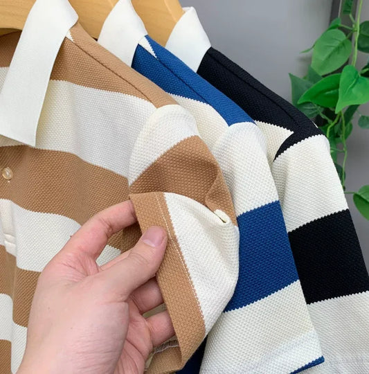 Classic Striped Polo T-Shirt in Cream & Blue – Premium Texture with Iconic Embroidered Horseman Logo