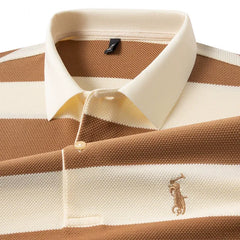 Classic Striped Polo T-Shirt in Cream & Blue – Premium Texture with Iconic Embroidered Horseman Logo