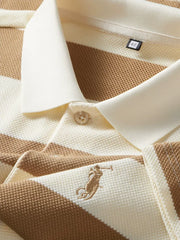 Classic Striped Polo T-Shirt in Cream & Blue – Premium Texture with Iconic Embroidered Horseman Logo