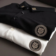 Luxury Polo T-Shirt with Black Greek Collar & Embroidered Tiger Crest – Statement Style for Modern Men