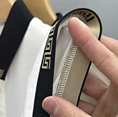 Luxury Polo T-Shirt with Black Greek Collar & Embroidered Tiger Crest – Statement Style for Modern Men