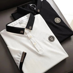 Luxury Polo T-Shirt with Black Greek Collar & Embroidered Tiger Crest – Statement Style for Modern Men